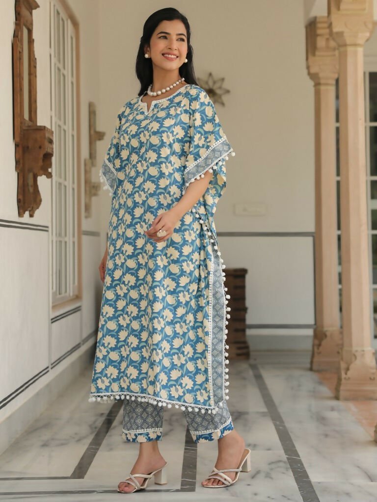Aramya Kaftan Soft Cotton Floral Print Women's Kurta Set - Blue