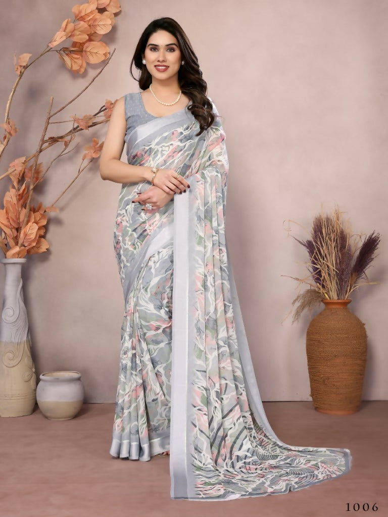 Designer Partywear Greay Bright Moss Satin Patta Fancy Saree - Kanak