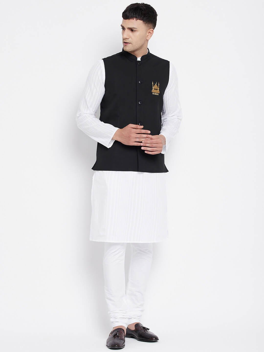 Even Apparels Black Pure Cotton White Kurta Sets With Eid Insignia Jackets PW66