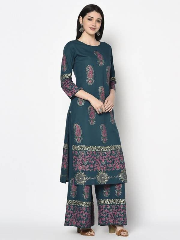 Aniyah Rayon Teal Blue Color Block Print Straight Kurta Palazzo Set (AN-223K)