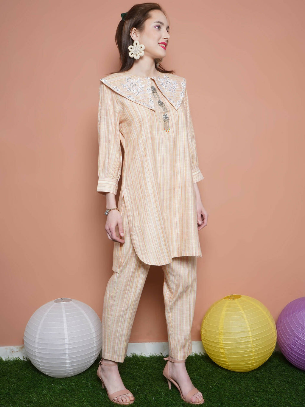Women Republic Beige Striped Kurta Set