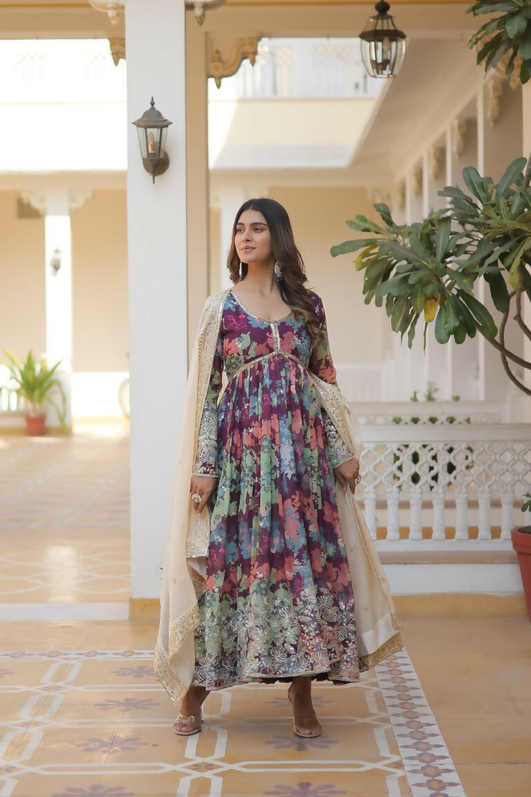 Jyoti Fashion Women's Wine Russian Silk Sequins Zari Embroideredy Anarkali Dress with Dupatta