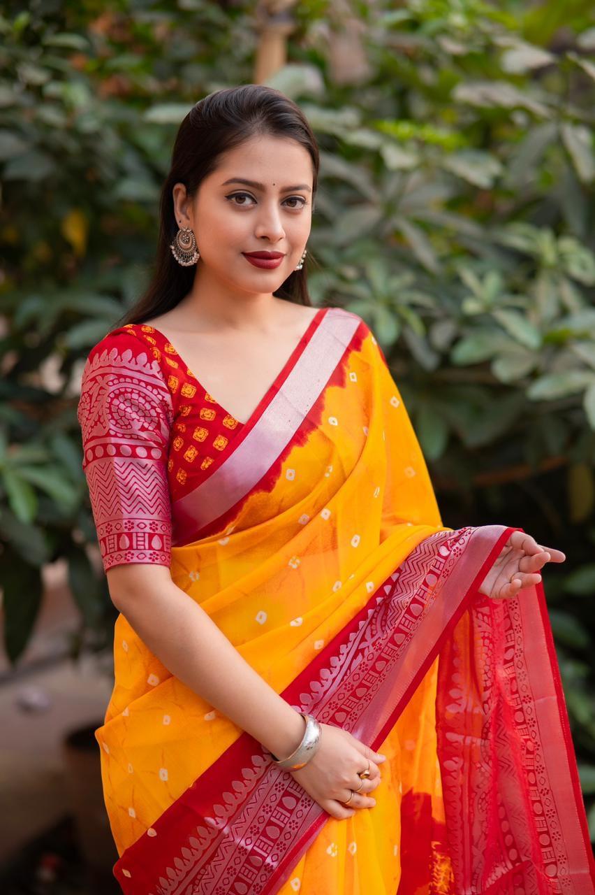 Orange Jute Silk Ethnic Motifs Saree with Unstitched Blouse - Hiral Fashion