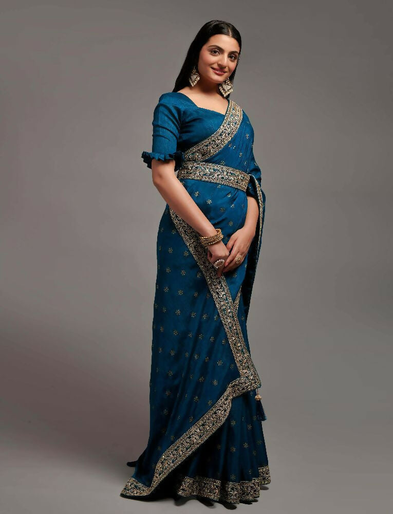 PR Fashion Petrol Chinon Embroidery Lace Saree