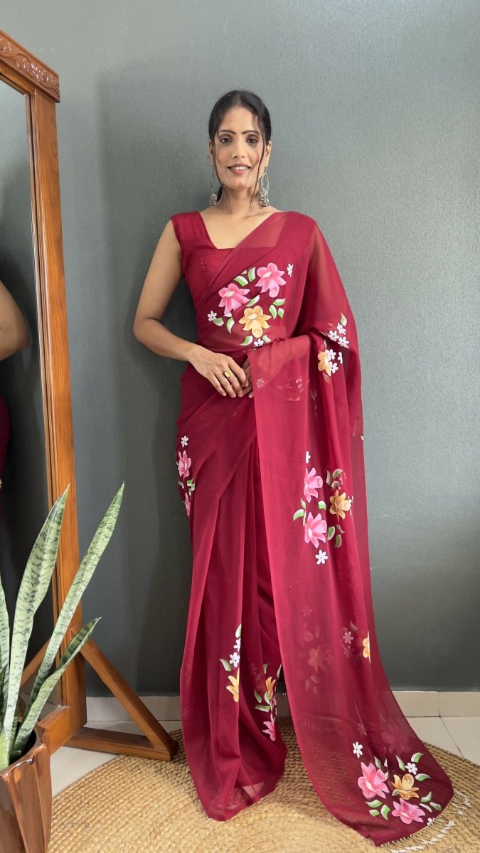 Aayaa Designer 1 min Hand Painted Ready to Wear saree - Maroon