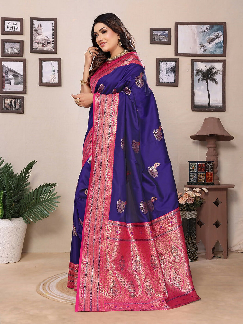 Joban Fashion Banarasi Purple Small Butti Soft Silk Saree