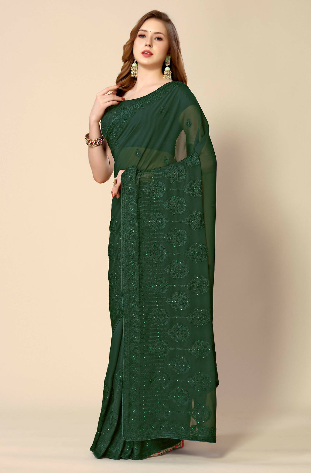 Green Georgette Embroidered and Stone Work Saree with Unstitched Blouse Piece - Roozal