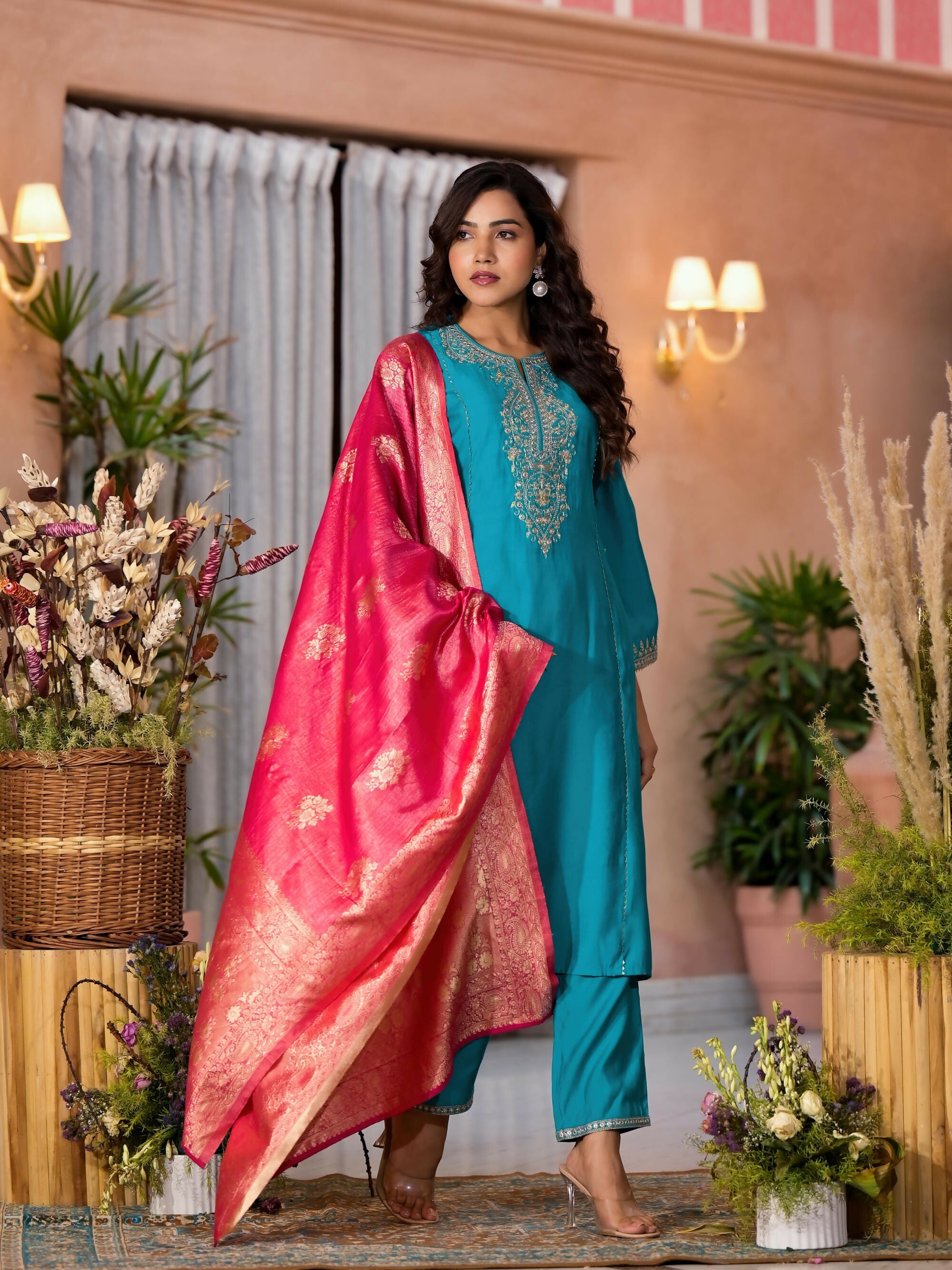 Juniper Women's Turquoise Zari Embroidered Viscose Kurta Pant And Dupatta Set With Lace & Mirror Work