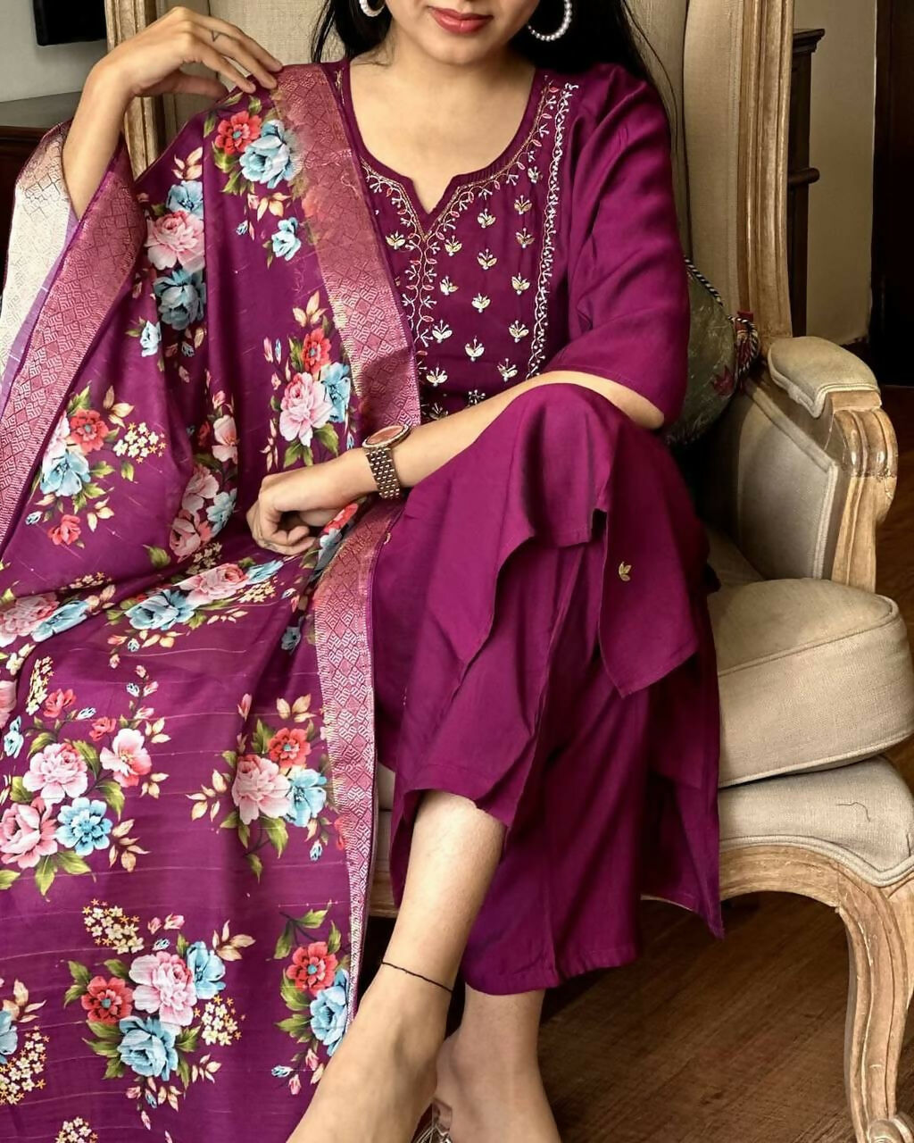 The52 Wine Women's Gorgeous Embroidered Rayon Fabric Straight Kurta Pant with Dupatta Set