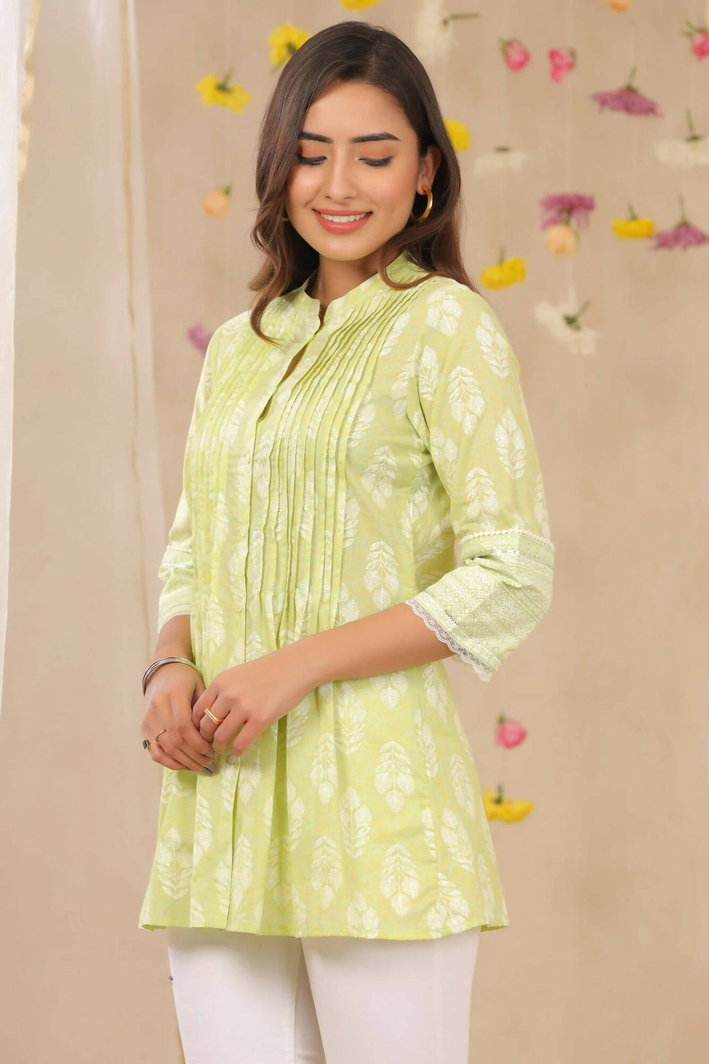 Juniper Women Limegreen Cambric Printed A-Line Tunic