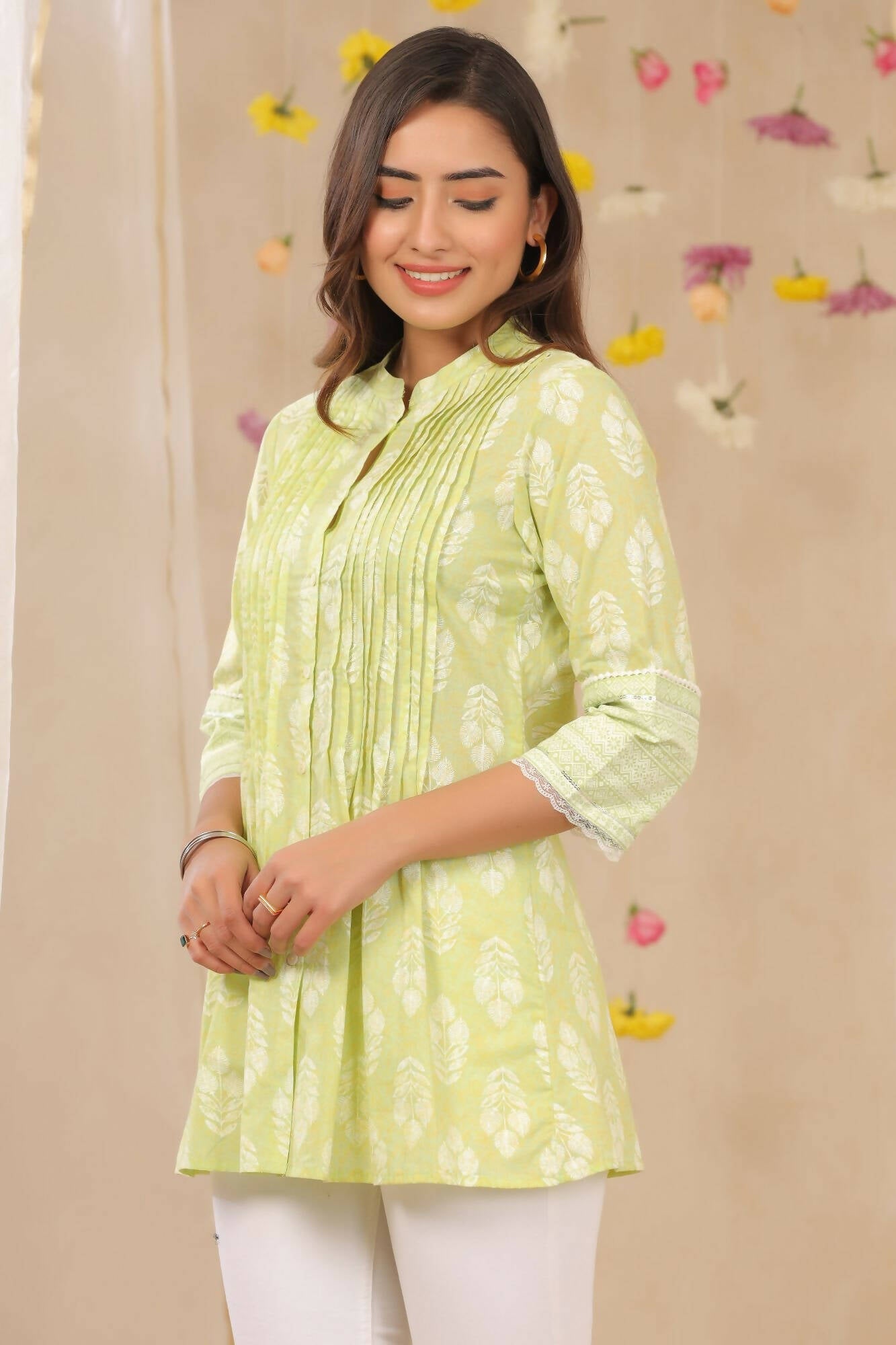 Juniper Women Limegreen Cambric Printed A-Line Tunic