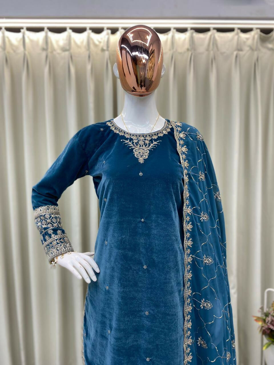 Vastranavya Blue Velvet Sequence Embroidery Work Kurta & Bottom With Dupatta