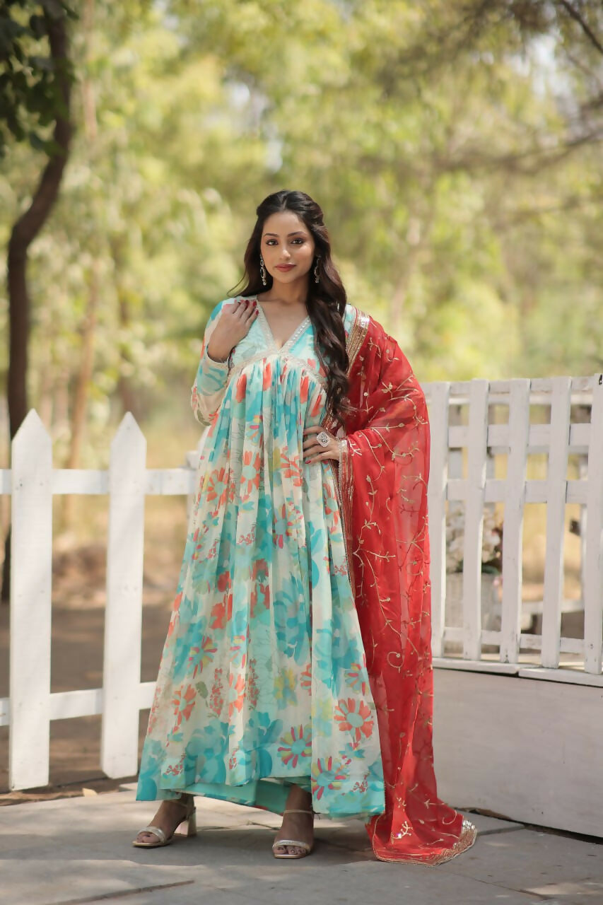 Vastranavya Digital Printed Russian silk & Stitch Canvas Patta Gown with Dupatta - Sky Blue