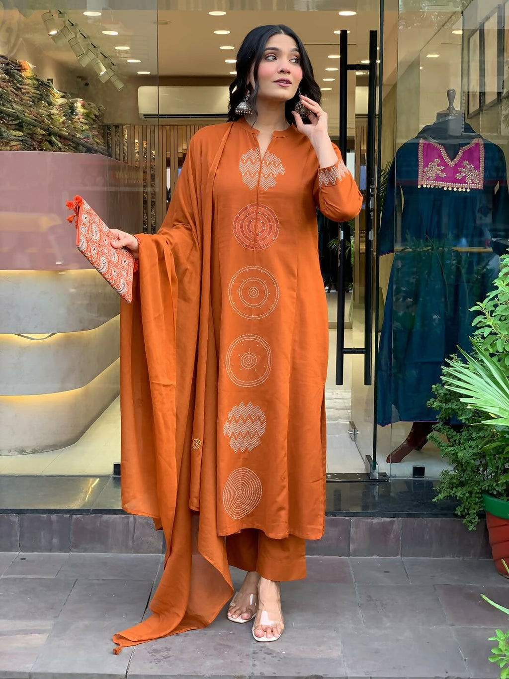 The52 Orange Women's Gorgeous Chanderi Fabric Embroidered Work Straight Kurta Pant and Dupatta Set