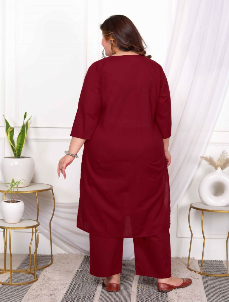 Miravan Women's Plus Size Wine Pintucks Cotton Floral Elegant Straight Kurta and Palazzo with Dupatta Set