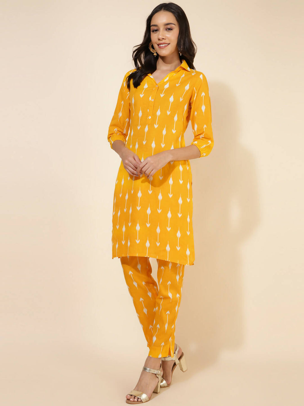 Janasya Women's Yellow Cotton Ikkat Printed Casual Straight Co-ords