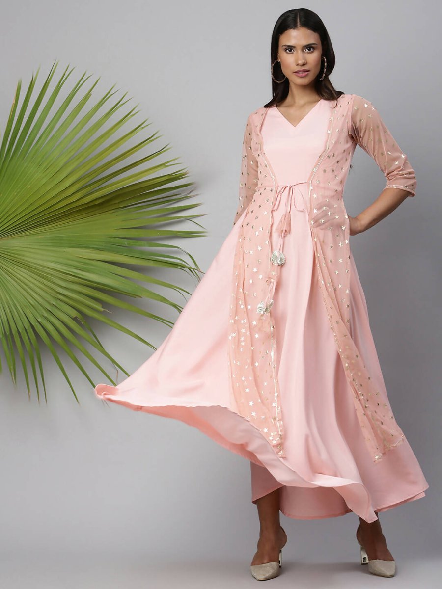 Ahalyaa Women Pink Crepe & Net Foil Print Dress