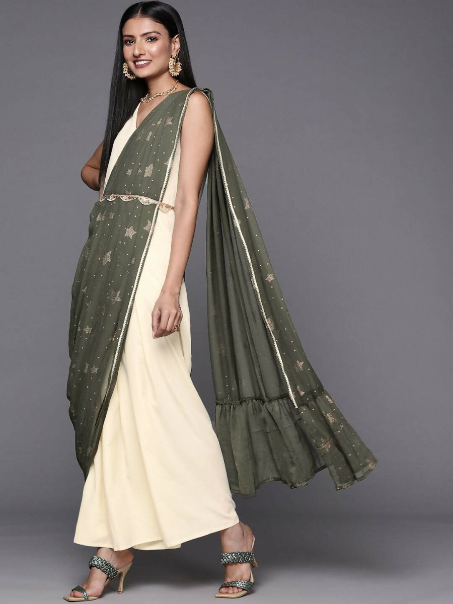 Ahalyaa Off White & Olive Green Ethnic Maxi Dress with Attached Dupatta
