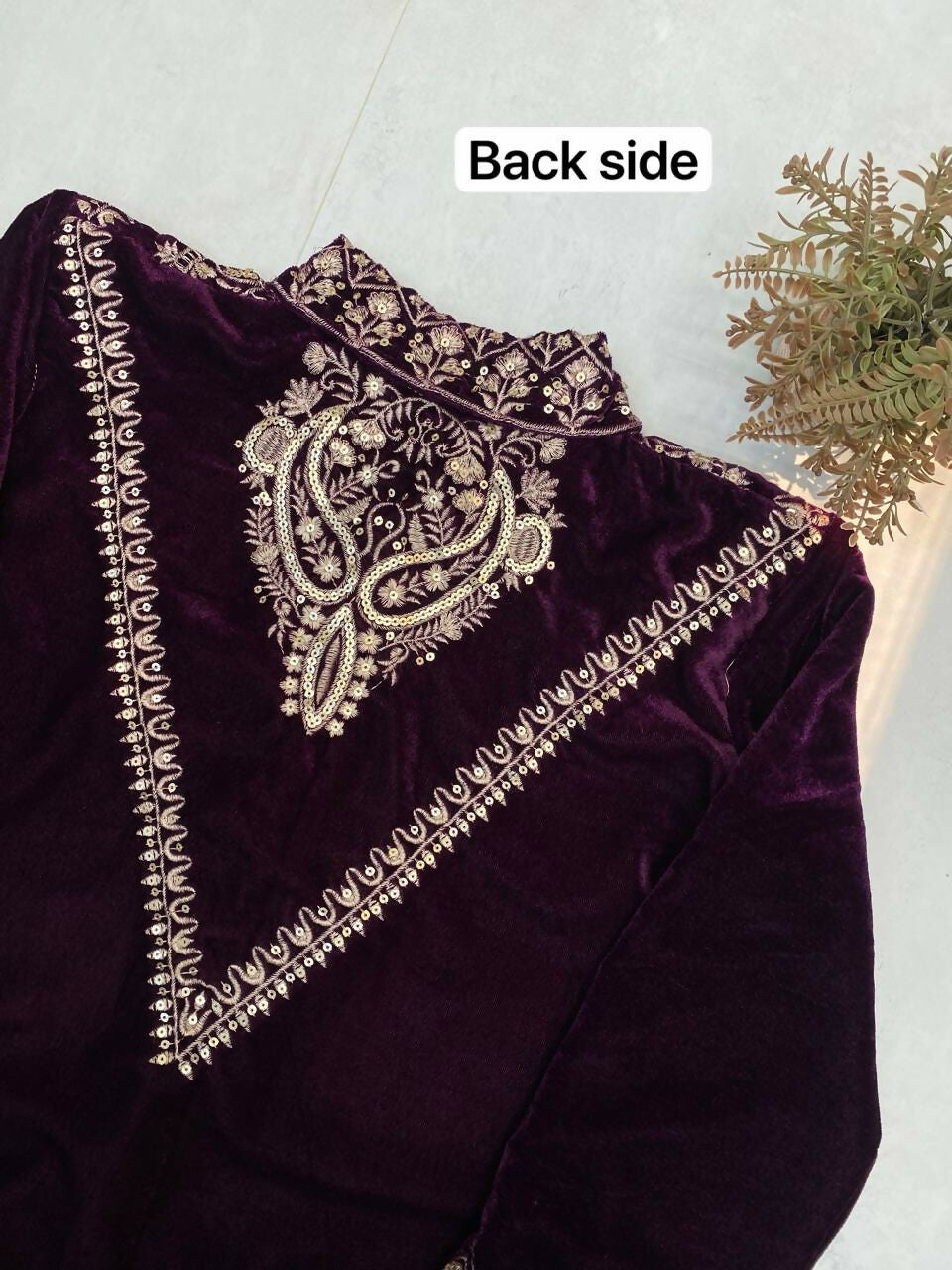 Vastranavya Purple Velvet Sequence Embroidery Work Top With Palazzo