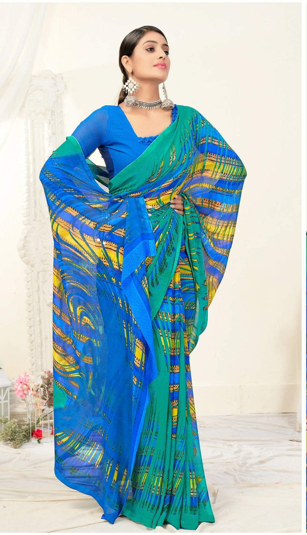 Green Georgette Texture Printed Saree With Unstitched Blouse Piece - Jyoti