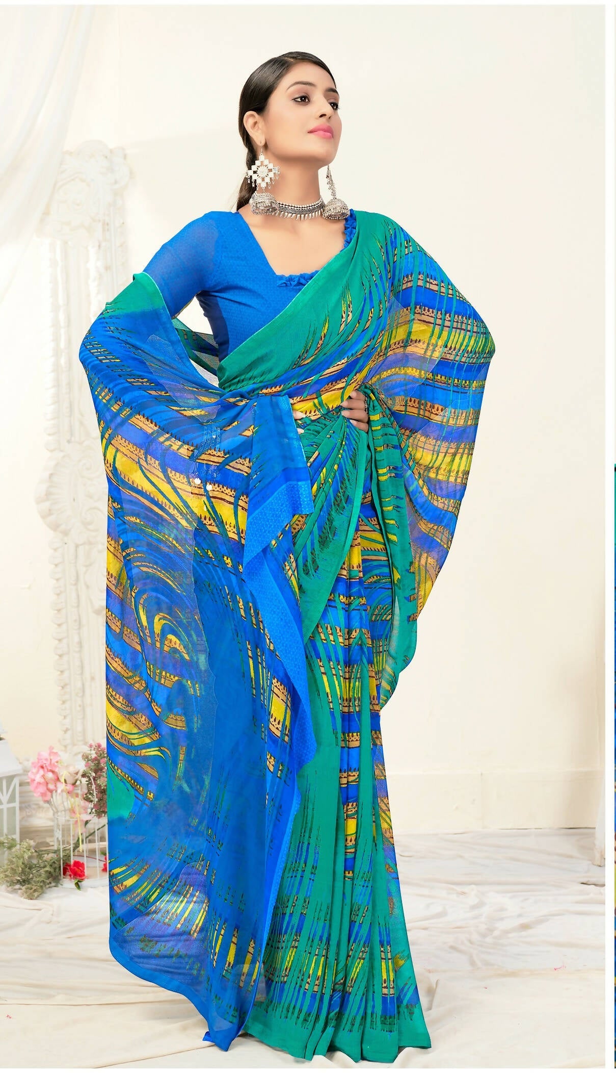Green Georgette Texture Printed Saree With Unstitched Blouse Piece - Jyoti