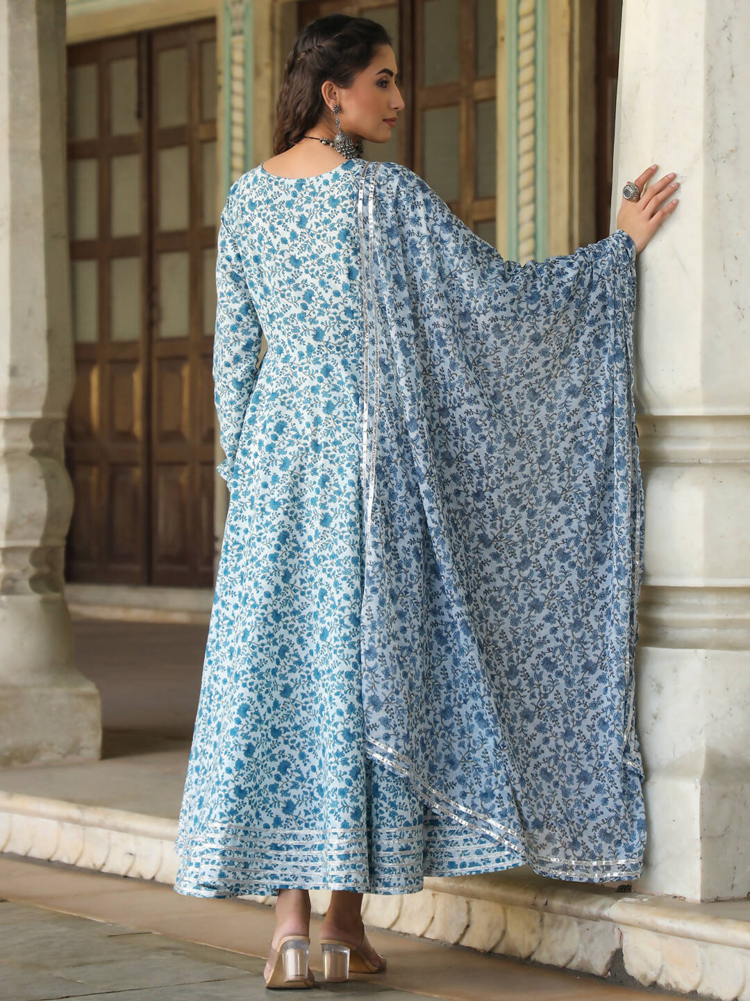 Juniper Women's Blue Cambric Floral Printed Circular Kurta Dupatta Sets