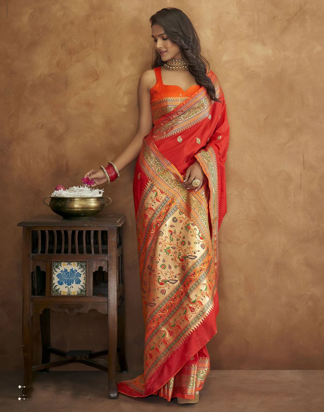 Vastranavya Red Soft Paithani Silk Saree With Gold Zari Weaving Motifs With Matching Blouse Fabric