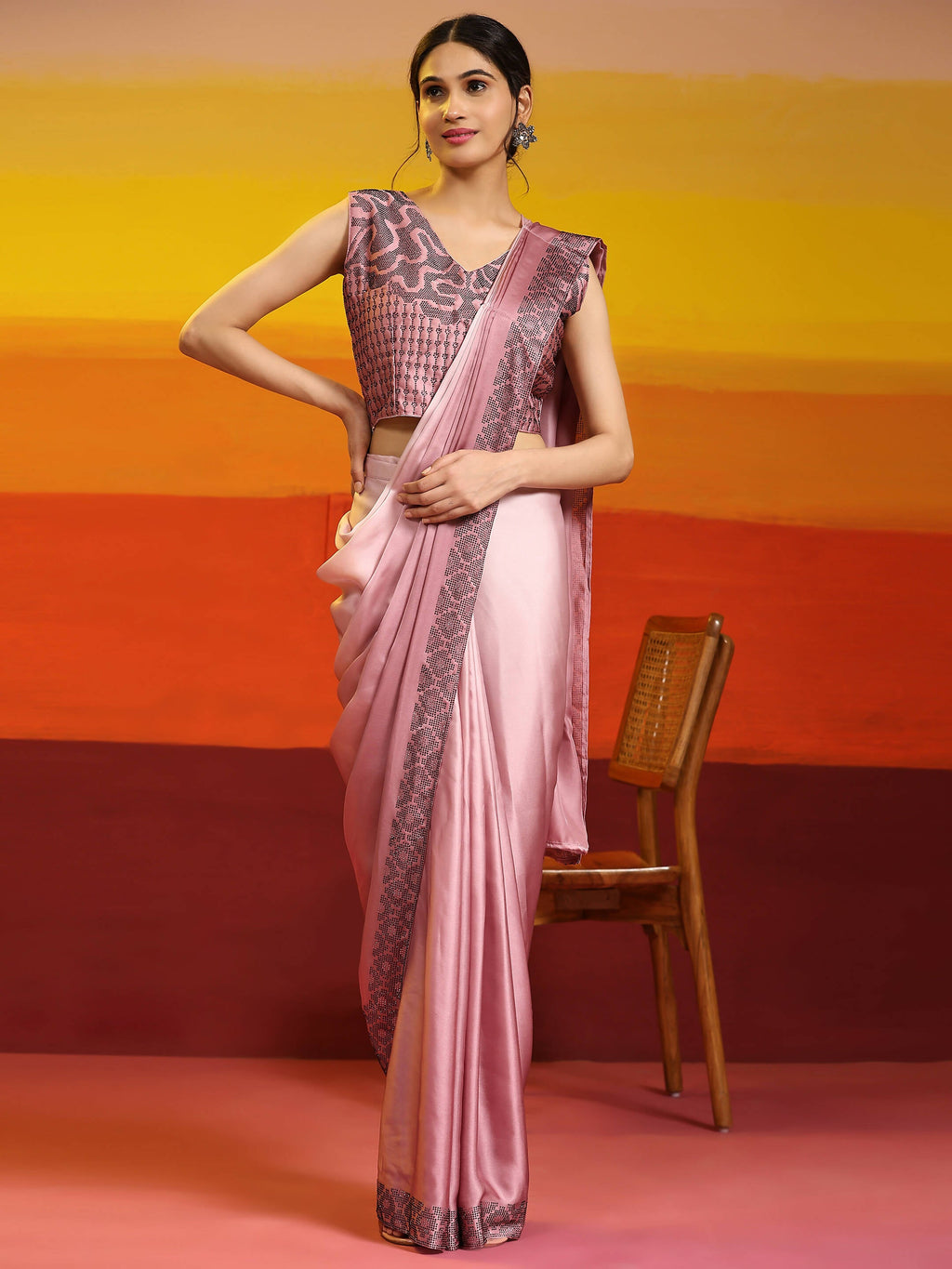 Purple Ombre Satin Georgette Plain Ready to wear Saree with stitched Blouse - Vrinda