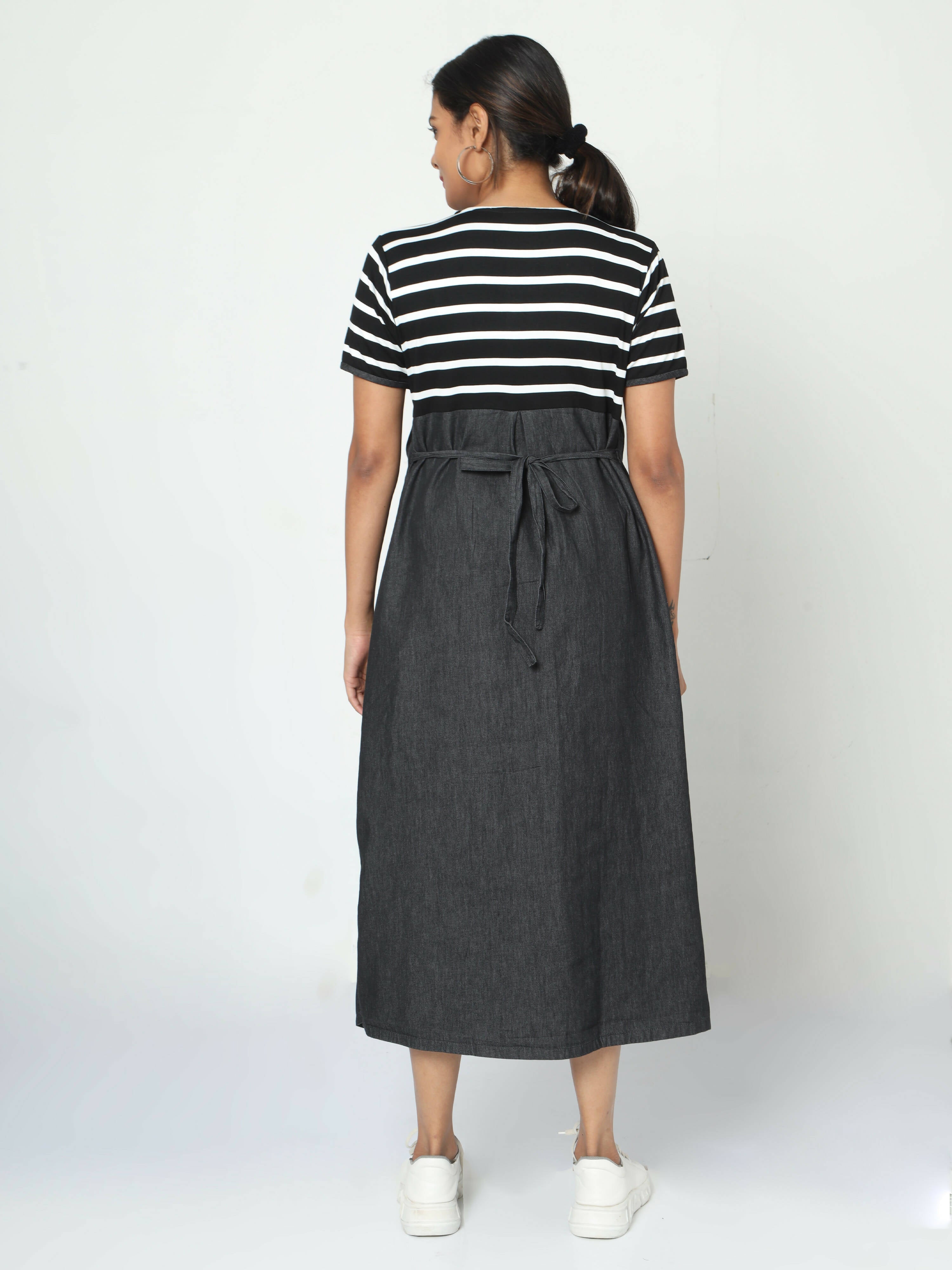 Manet Half Sleeves Maternity Dress White Striped With Concealed Zipper Nursing Access - Black
