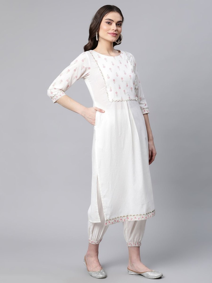Ahalyaa Women Offwhite Pure Cotton Printed Floral Kurta With Trousers