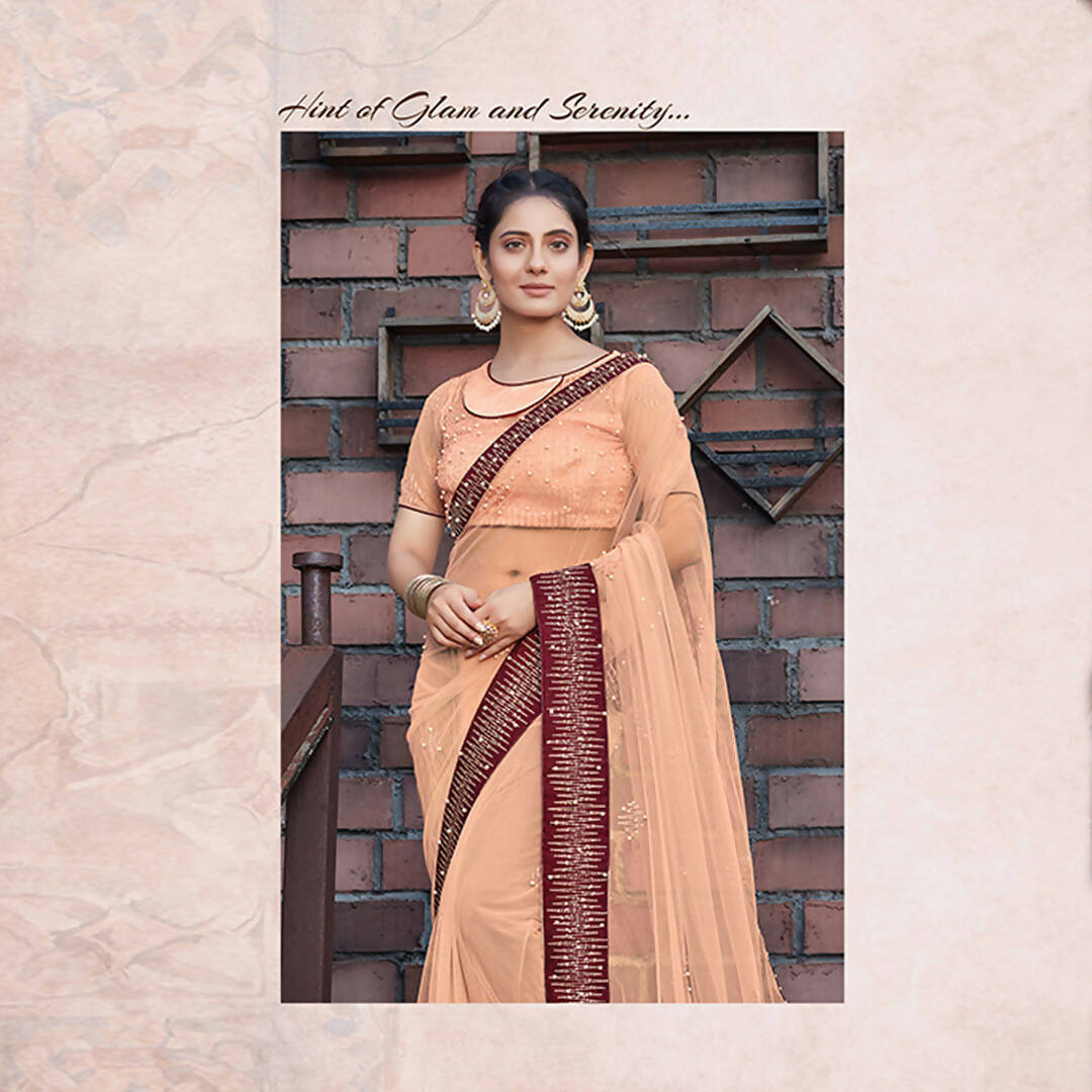 Peach Colored Net Embroidered Saree With Blouse - Norita Royal Adveka