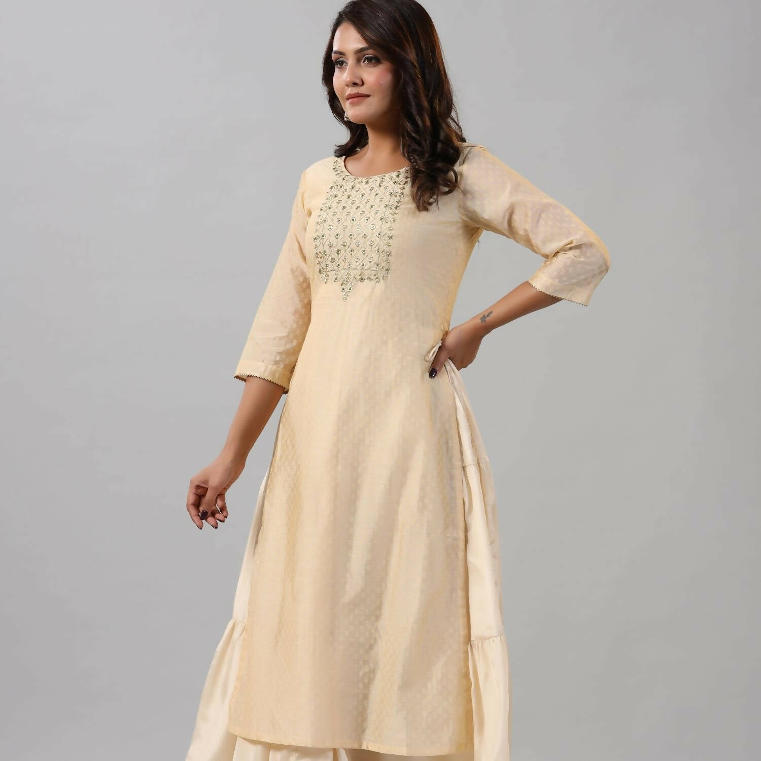 Juniper Women Gold Chanderi Printed Layered Maxi Dress with Embroidered Yoke