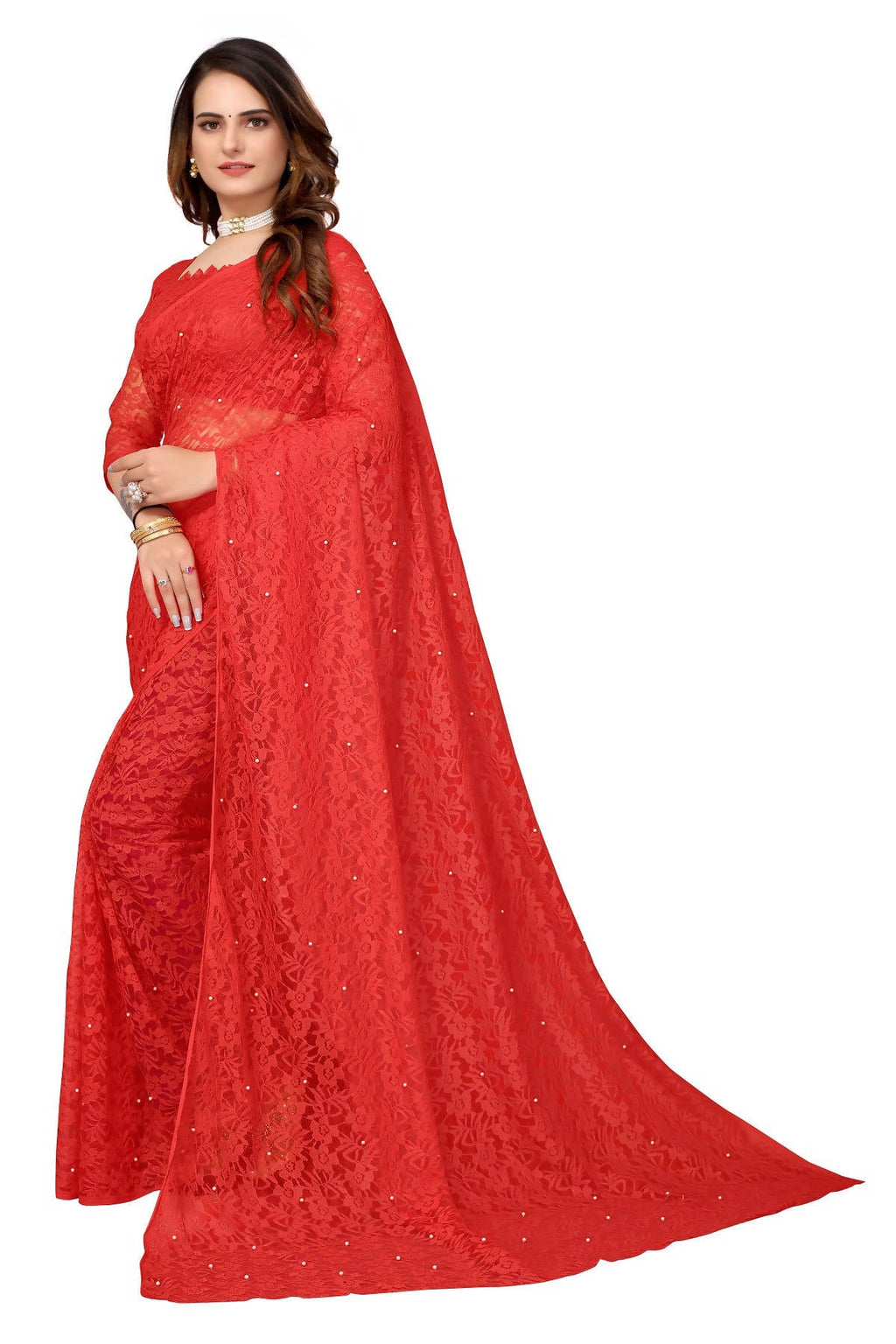 Vamika Ethnic Fire Red Pearls Net Saree