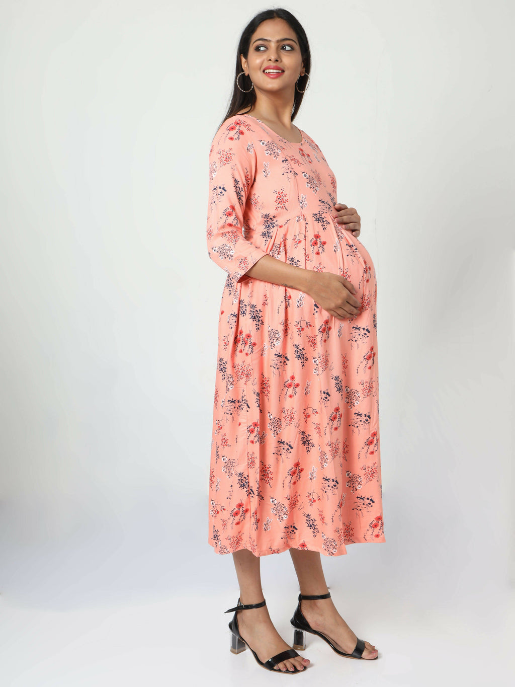 Manet Three Fourth Maternity Dress Floral Print With Concealed Zipper Nursing Access - Orange
