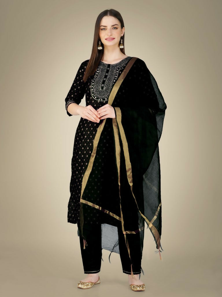 Jyoti Fashion Women's Black Cotton Magic Slub Embroidery & Sequence work Kurta with Trouser & Dupatta