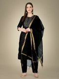 Jyoti Fashion Women's Black Cotton Magic Slub Embroidery & Sequence work Kurta with Trouser & Dupatta