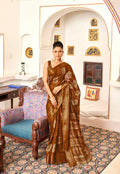 Brown Patta Poly Cotton Aztec Printed Saree With Unstitched Blouse Piece - Shades
