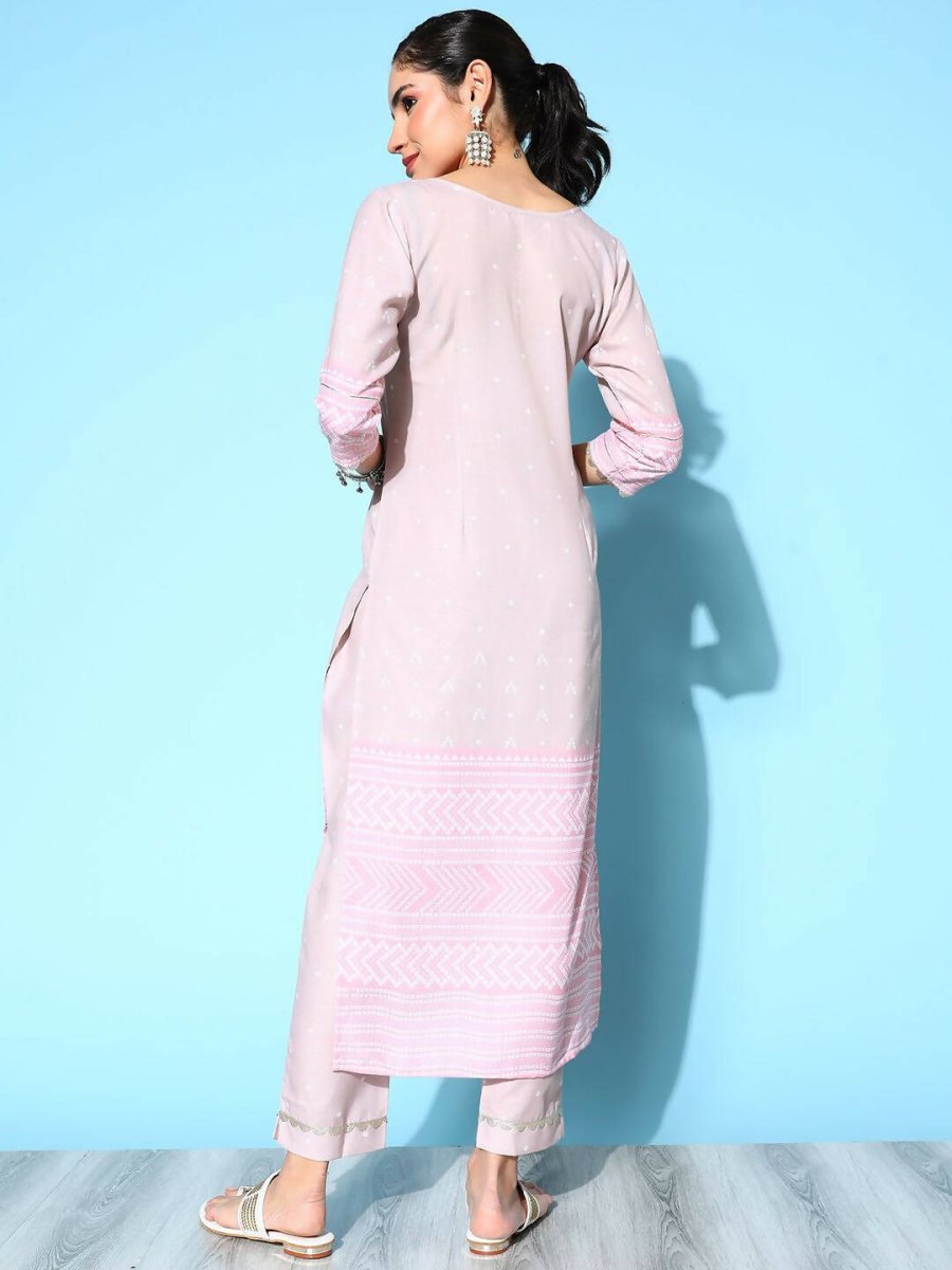 Ahalyaa Women's Beige Cotton Blend Printed Kurta Pant Set