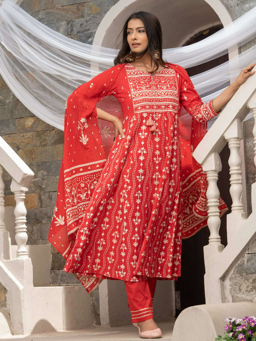 Red Cotton Cambric Printed with Sequins work Anarkali Kurta with Pant & Dupatta - Akashara