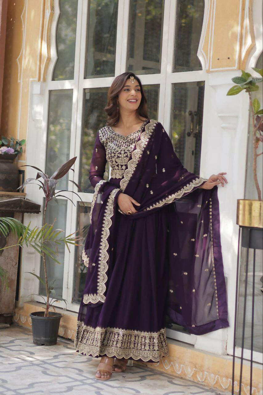 Vastranavya Faux Blooming with Embroidery Zari Sequins-work Gown & Dupatta - Purple