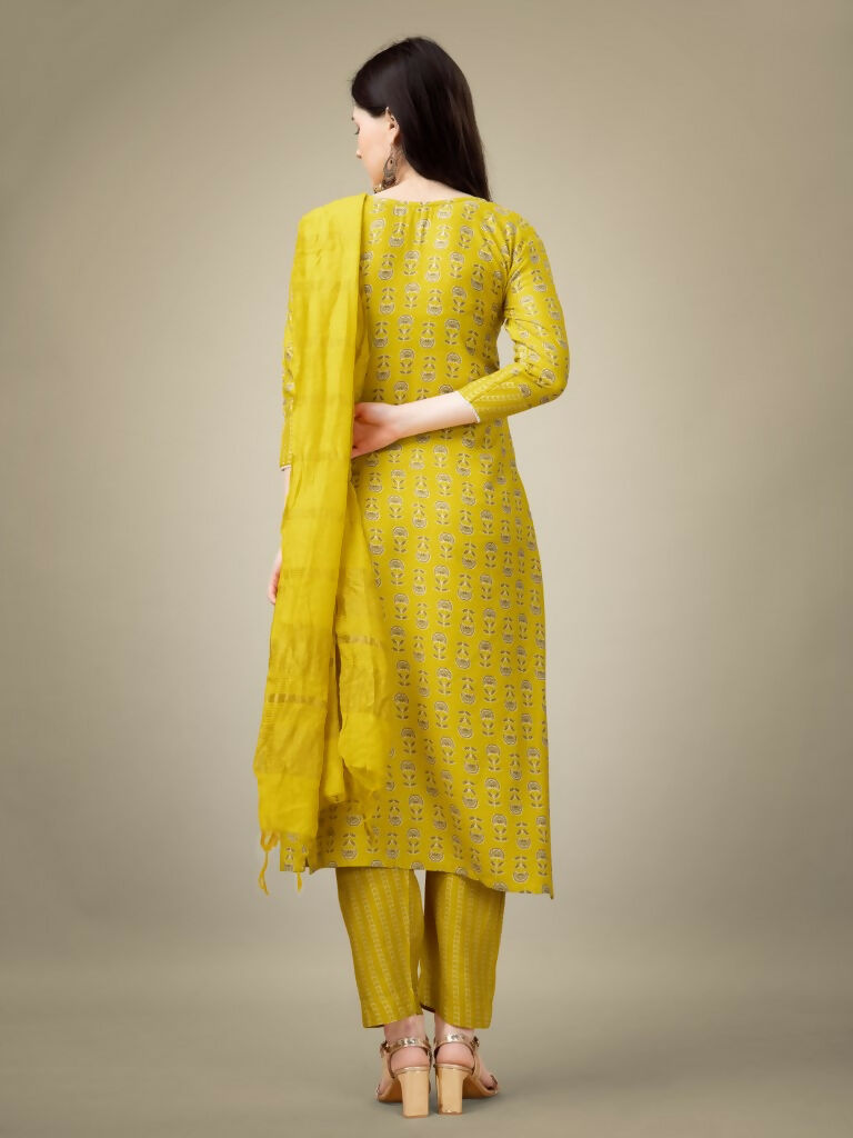 Jyoti Fashion Women's Yellow Rayon Embroidery & Sequence work Kurta with Trouser & Dupatta
