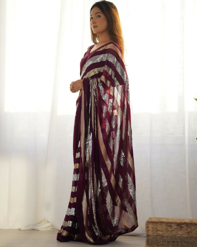Wine Georgette Sequance Embroidery Work Border Saree - Sitare