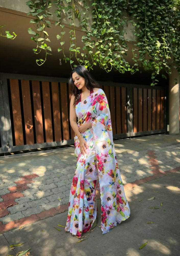 Vamsee Floral Mix Color Satin Saree