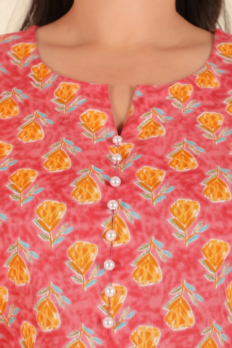 Aramya Peach Soft Cotton Floral Print A-line Kurta Set for Women