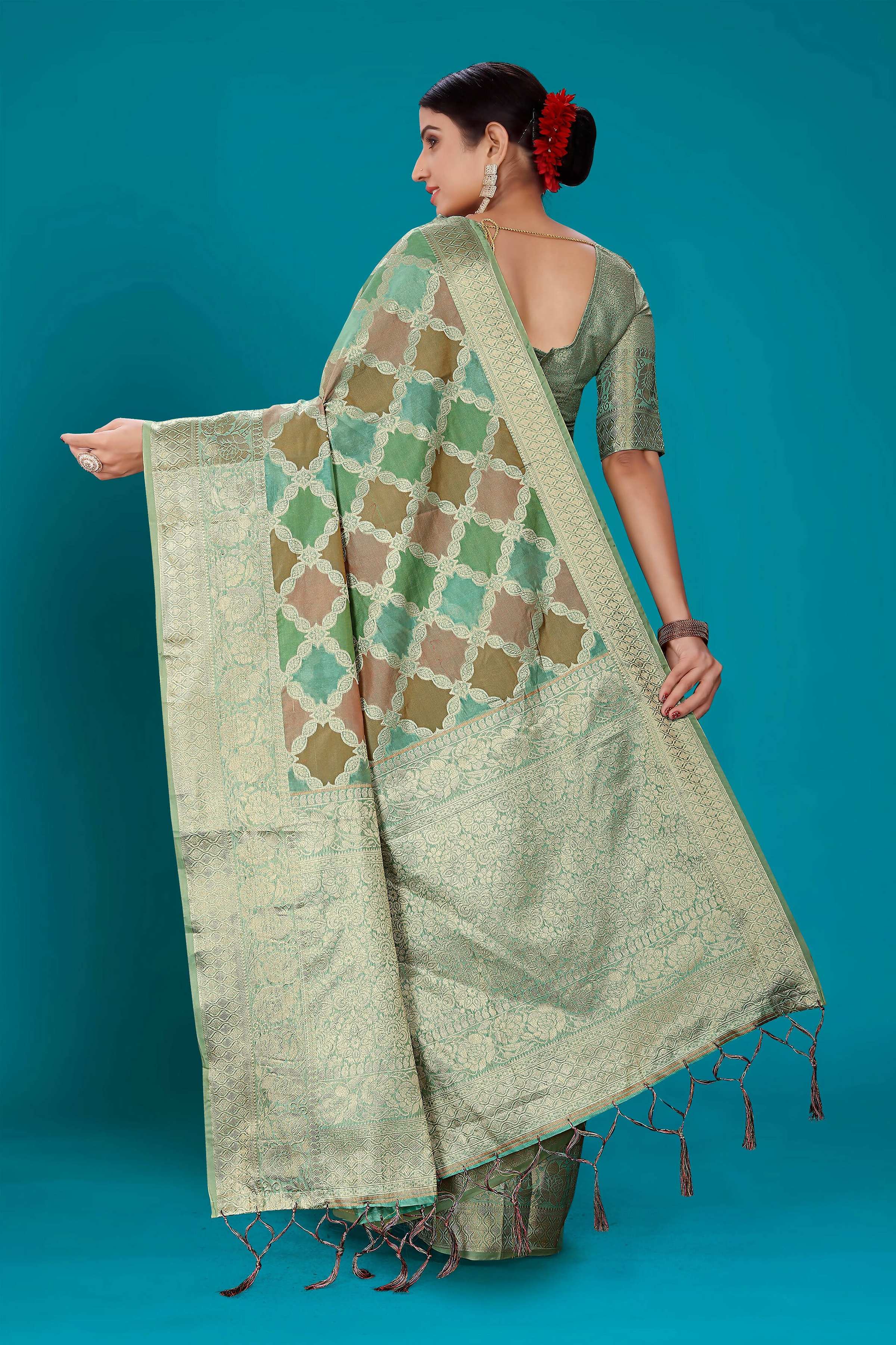 Sea Green Soft Organza Woven Design Saree with Unstitched Blouse Piece - Zaara