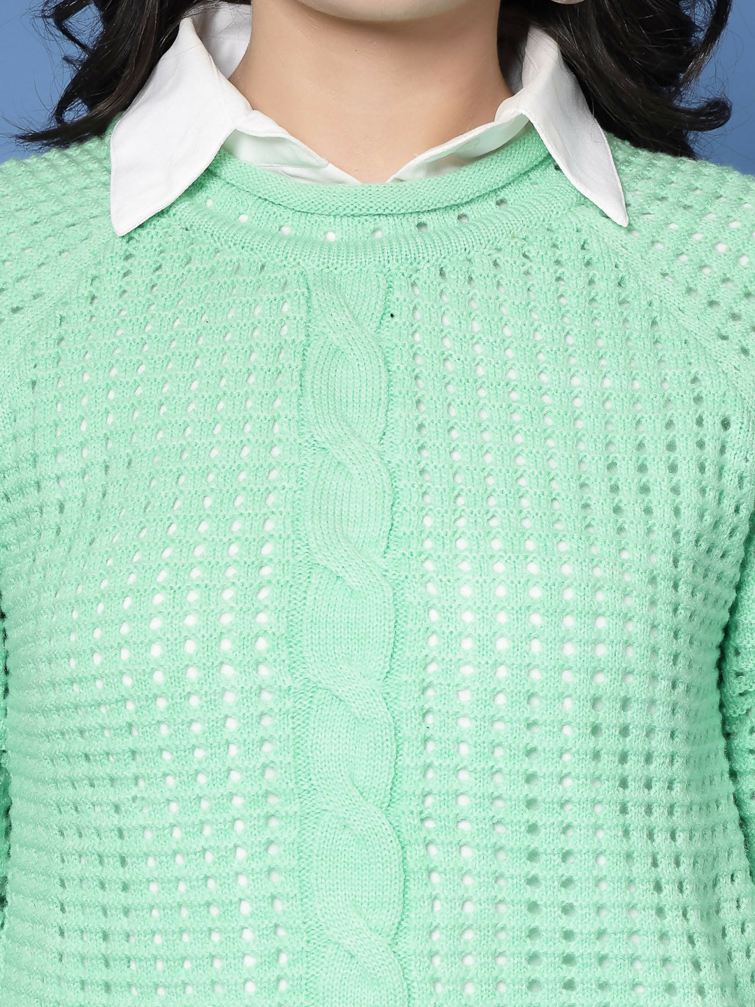 Women Green Acrylic Pointele Sweater - Wool Trees