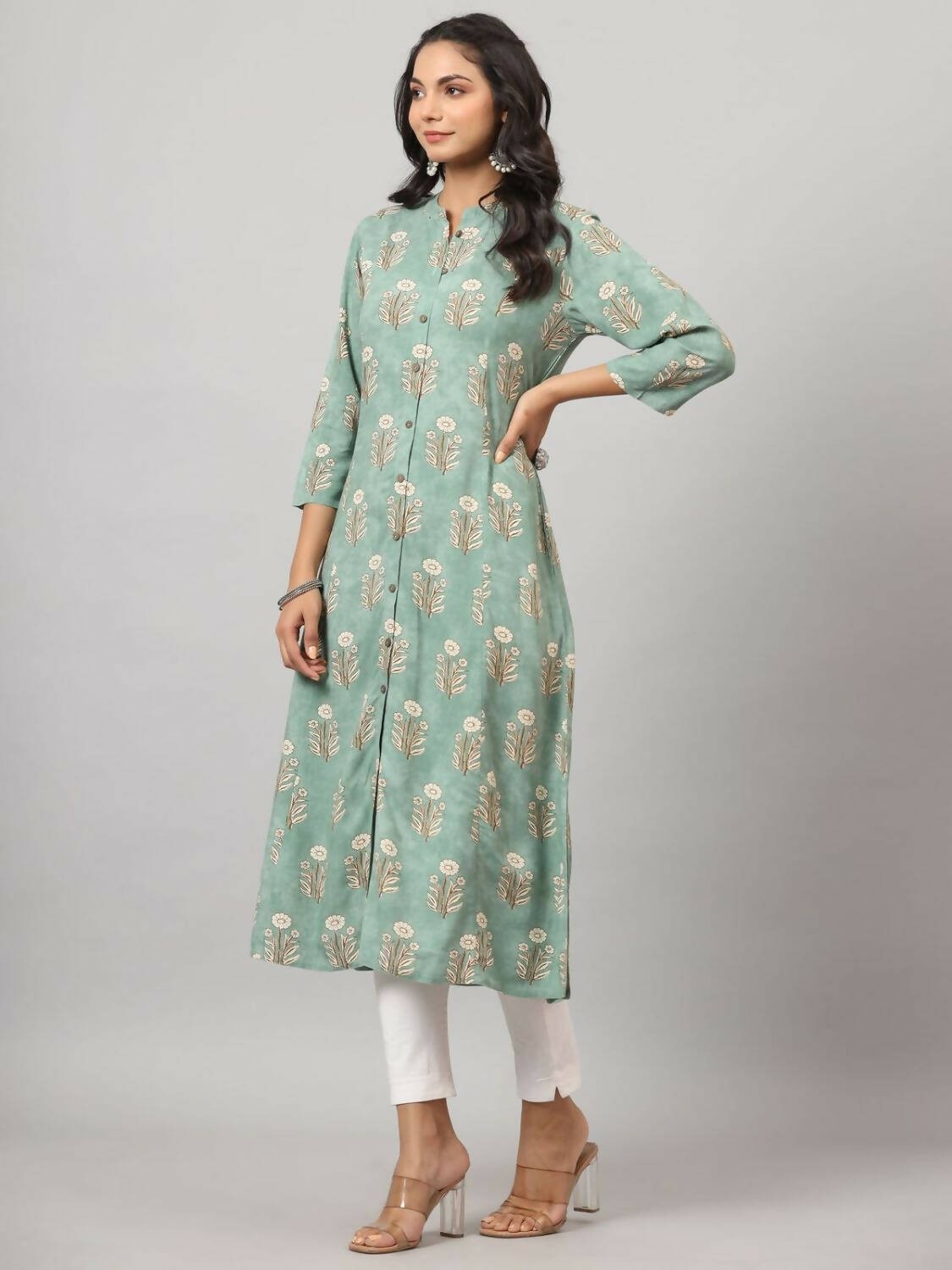 Juniper Women's Green Printed A-Line Kurta