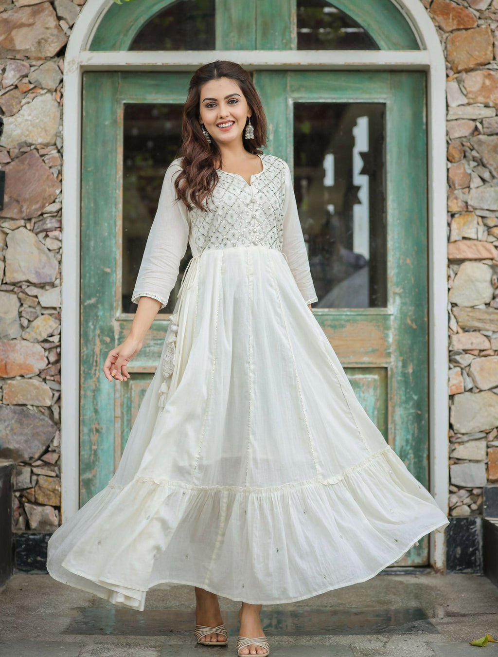 Kaajh Women's Off-White Floral Embroidered Cotton Ethnic Dress