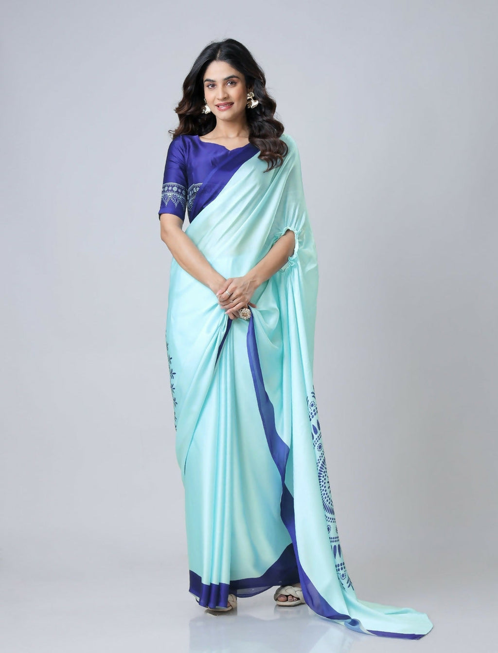 Vastranavya Sky Blue Mandala Print Free Hand Ready to Wear Saree