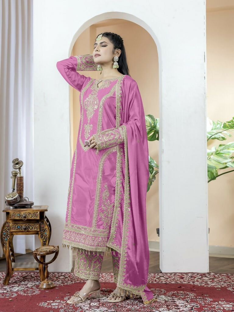 Teeya Creation Baby Pink Color Chinnon Silk Embroidery Work Fully Stitched Salwar Suit